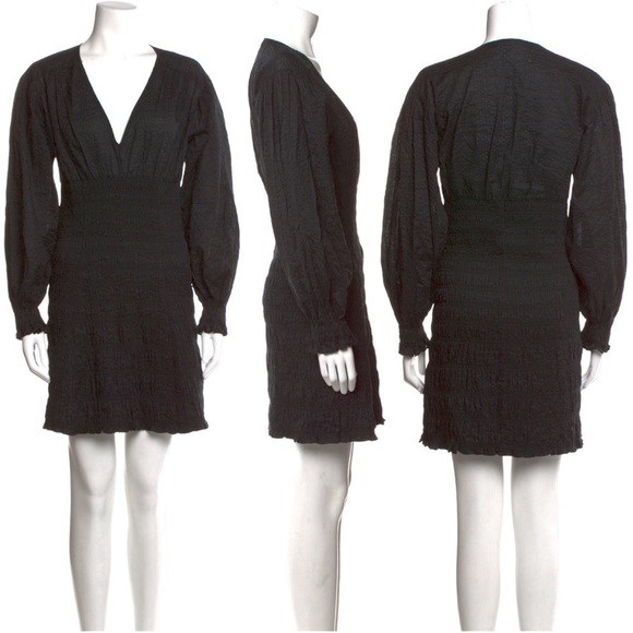 FRAME Denim V neck Smocked Long Sleeve Mini Dress Size Small Black NWT - Picture 9 of 11